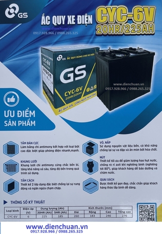 Ắc quy xe điện xe Gofl xe nâng GS 6V 225Ah ( GS CYC-6V 20HR/225AH)