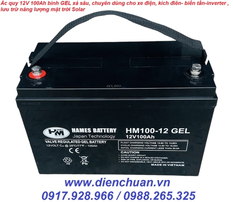 Ắc quy Hames 12V 100Ah HM100-12 GEL xả sâu dùng cho xe điện- Solar - kích điện inverter