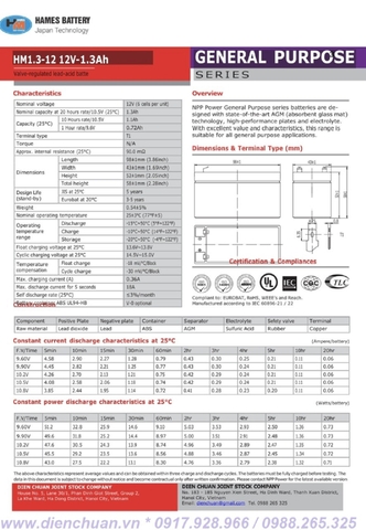 Ắc quy Hames HM1.3-12 ( 12V 1.3Ah )/ pin sạc 12V 1,3Ah