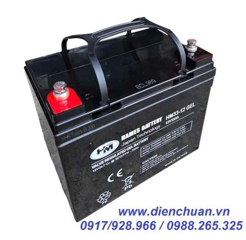 Ắc quy 12V 33AH Hames HM33-12 GEL xả sâu dùng cho xe điện tàn tật- Solar - kích điện inverter