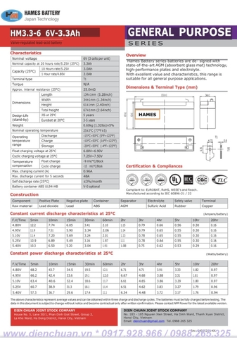 Ắc quy Hames HM3.3-6 ( 6V 3.3Ah )/ pin 6V-3.3Ah