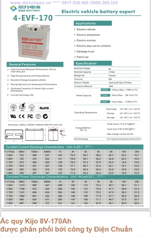 Bình ắc quy KIJO 4-EVF-170 (8V- 170AH) dùng cho xe điện du lịch- xe Golf