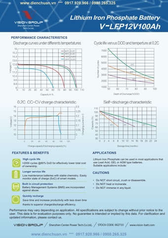 Ắc quy (Pin ) Lithium Vision 12V-100Ah ( V-LFP12V100Ah)
