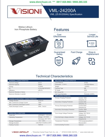 Pin Lithium Vision 24V-200Ah ( VML-24200Ah)/ VML-25.6V200Ah
