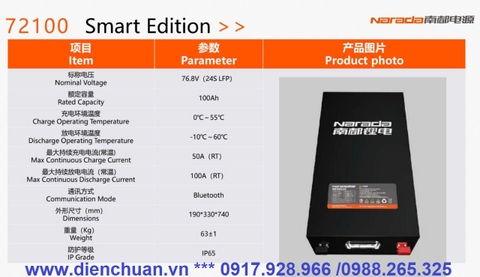 Ắc quy (Pin ) Lithium Narada 72V-100Ah Model: 72100 dùng cho xe điện, lưu trữ điện