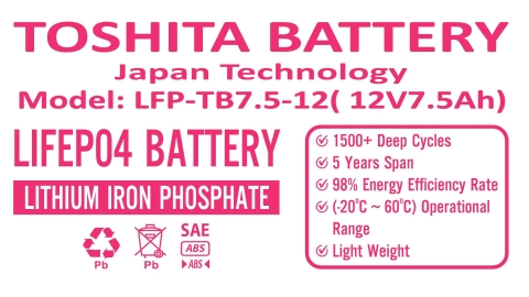Pin lithium 12V 7.5Ah Toshita LFP- TB7.5-12 dùng cho UPS- loa kéo- bình thuốc sâu- lưu điện cửa cuốn