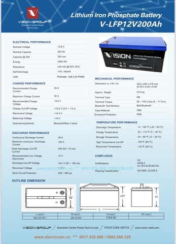 Pin Lithium Vision 12V-200Ah ( V-LFP12V200Ah)