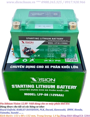 Ắc quy ( pin) lithium Vision 12V 6AH dùng cho xe máy HARLEY DAVIDSON, PLK, Ducati, Kawasaki,BMW, Honda, Yamaha, Suzuki  
