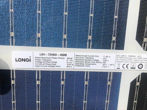 Tấm pin năng lượng mặt trời LONGI 450W 2 mặt kính