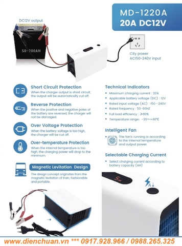Sạc Ắc Quy Tự Động 12V 20A - SUOER MD-1220A / 5Ah-200Ah Suoer MD-1220A AGM/GEL Battery Charger