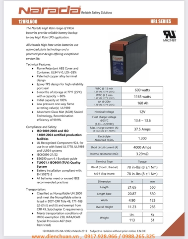 Bình ắc quy Narada 12HRL600 (12V 150ah )