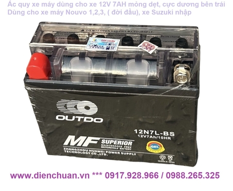 Ắc quy xe máy 12V 7Ah Outdo 12N7L-BS cực dương bên trái, dùng cho xe Nouvo 1-2-3 đời đầu