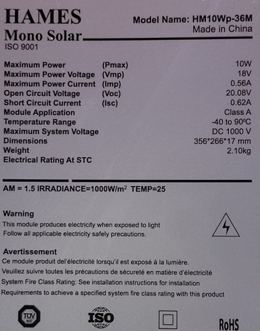 Tấm pin năng lượng mặt trời  10W-18V HAMES (HM10Wp-36M)