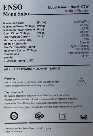 Tấm pin năng lượng mặt trời mặt trời mono 170W ( ENSO EN64M-170W )