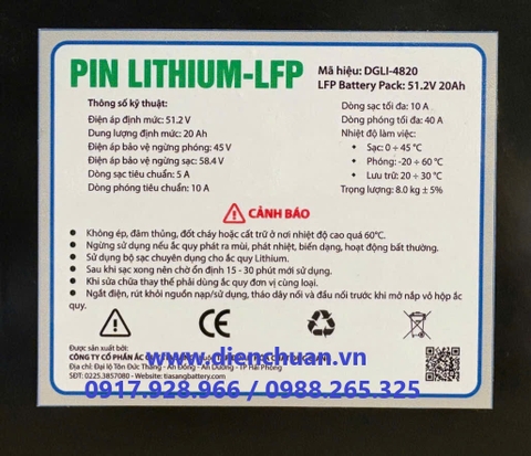 Pin Lithium dùng cho xe đạp điện 48V 20Ah ( DGLI-48200 )/ Ắc quy Lithium Đức Giang- Tia Sáng 48V-20Ah