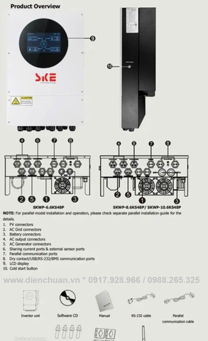 Biến tần năng lượng mặt trời hòa lưới có lưu trữ 8.6kW 48V chống nước chống bụi IP66- Solar On / Off Hybrid Inverter