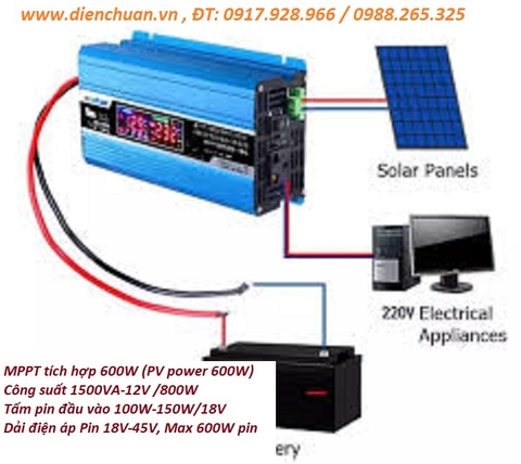 Kích điện pin năng lượng mặt trời Suoer 12V 1500VA/800W Sus-1500A- Solar inverter 12V 1500VA/800W Suoer Sus-1500A