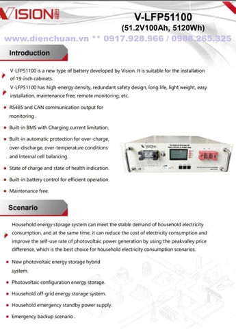 Pin lithium lưu trữ 51.2V-100Ah/5kWh có giao tiếp thương hiệu Vision V-LFP51100
