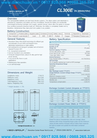 Ắc quy Vision 2V 300AH ( CL300C/ CL300FR/ CL300E )