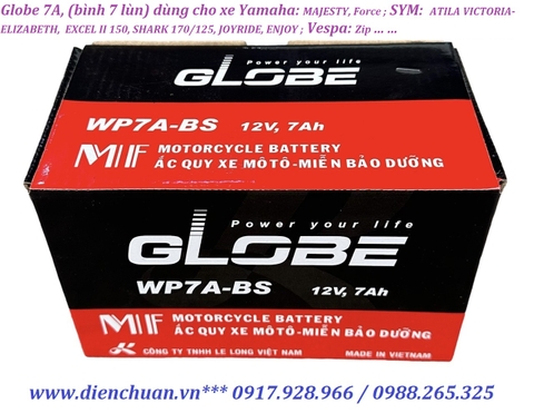 Bình ắc quy GLOBE WP7A-BS 12V 7Ah dùng cho xe máy SYM: Atila, Excel,Shark; Yamaha: Majesty, Force; Vespa : Zip