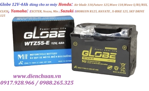 Ắc quy Globe WTZ5S-E 12V-4Ah dùng cho xe máy Air blade 110,Future 125,Wave 110,Wawe S/RS/RSX