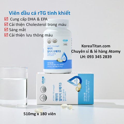 Viên dầu cá chứa hàm lượng DHA &EPA được tổng hợp độ tinh khiết cao với khả năng hấp thụ cao  giúp cải thiện tim mạch, bảo vệ mắt và trí não cực kỳ hiệu quả (510mg x 180 viên) -  Atomy rTG Omega 3 - 애터미 rTG 오메가3 - Атоми rTG Омега-3