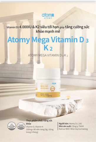 Viên uống bổ sung Vitamin D3 hàm lượng cao và Vitamin K2 chiết xuất siêu tới hạn giúp cơ thể dễ dàng liên kết Canxi được hấp thu vào máu và mô xương - Atomy Mega Vitamin D3 & K2 - 애터미 메가 비타민D3K2