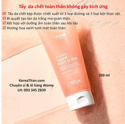 Tẩy tế bào chết dành cho Body dạng gel dầu kết hợp các hạt đường siêu mịn đạt hiệu quả cao và an toàn cho da cùng chất dưỡng ẩm bảo vệ da toàn diện 200ml - Atomy Sugar Body Cream - 애터미 슈가 바디 스크럽 - Атоми Скраб для тела
