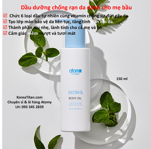 Dầu dưỡng da từ dầu thực vật nhẹ nhàng, không bết dính, không gây kích ứng da đặc biệt dành riêng cho mẹ bầu ở những vùng da dễ rạn nứt: bụng, đùi, ngực  150 ml - Atomy mom & body oil - 애터미 맘앤 바디 오일 -Atomy Масло для мамы и тела