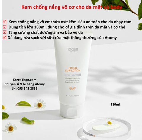 Kem chống nắng vô cơ bảo vệ suốt 12h cho da mặt & Body, an toàn da nhạy cảm cả người lớn và trẻ em  SPF50+ PA++++ 180ml  - Atomy Fresh sun Lotion - 애터미 프레쉬 선로션  -Атоми фреш солнцезащитный лосьон
