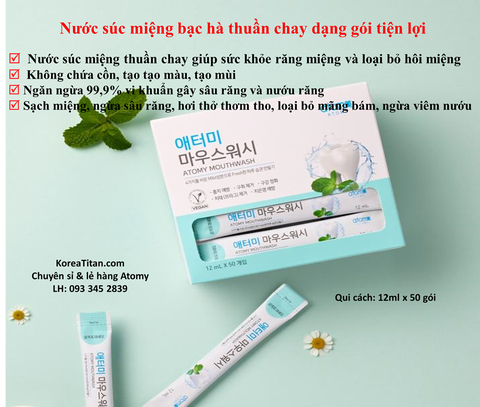 Nước súc miệng diệt khuẩn, ngừa sâu răng, ngăn hôi miệng  thuần chay dạng gói tiện lợi 12ml x 50 gói - Atomy Mouse Wash Portable 50 packs - 애터미 마우스워시 휴대용 50개입 - Atomy ополаскиватель для полости рта портативный 50 шт.