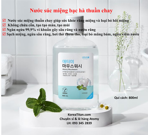 Nước súc miệng diệt khuẩn, ngừa sâu răng, ngăn hôi miệng  thuần chay 800ml - Atomy Mouse Wash Portable 800ml - 애터미 마우스워시 800ml - Ополаскиватель для полости рта Atomy 800мл