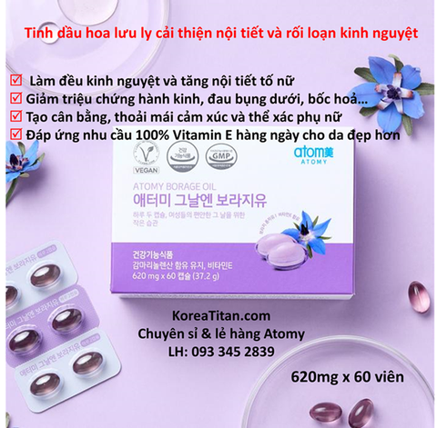 Viên uống tinh dầu hoa lưu ly cho các chị em rối loạn tiền kinh nguyệt, thiếu hụt nội tiết tố nữ, làm đẹp da và bảo vệ tế bào - (620mg x 60 viên) - Atomy Borage Oil - 애터미 그날엔 보라지유 - Атоми Бораго Ты в тот день