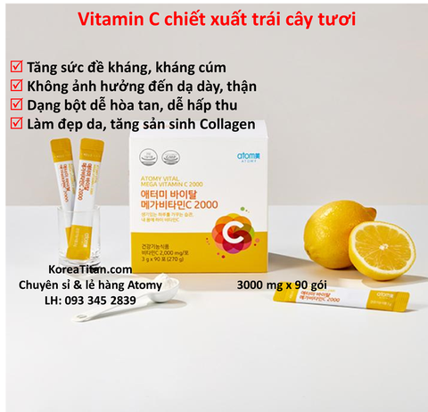 Vitamin C  trái cây tươi hàm lượng cao 2.000 mg chống oxy hoá bảo vệ tế bào, tăng hấp thu sắt, tăng sức đề kháng, ngăn ngừa cảm cúm, giúp tổng hợp Collagen làm đẹp da  - Atomy Vita Mega Color  Vitamin C - 2.000mg - 애터미 비타메가컬러 비타민C - 2.000mg - Атоми Вита Мегаколор Витамин С – 2000 мг