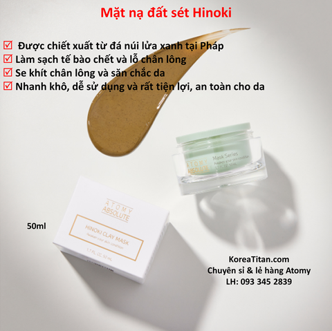 Mặt nạ đất sét xanh chứa nhiều khoáng chất và vi lượng cung cấp dinh dưỡng đậm đặc làm sạch lỗ và se khít lỗ chân lông và tẩy da chết  cho da (50ml) Atomy Absolute Hinoki Clay Mask - 애터미 앱솔루트 히노키 클레이 마스크  - Атоми Абсолют Маска Глина Хиноки
