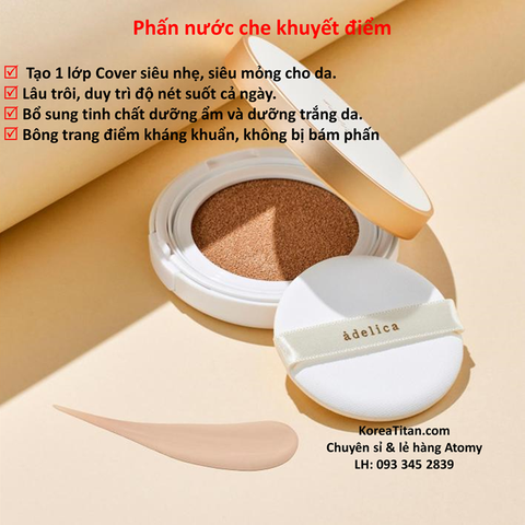 Phấn nước che khuyết điểm cực kỳ bền màu đến 40 giờ với các hạt che phủ siêu mịn, không gây tắc chân lông - Atomy Fixing Cushion  - 아델리카 픽싱 쿠션  - Фиксирующая подушка Adelica