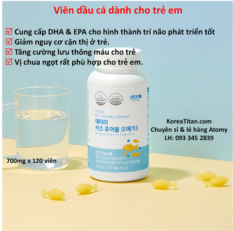 Viên dầu cá cho trẻ em chứa hàm lượng cao DHA và EPA phát triển trí não thông minh, sáng mắt và hoàn thiện hệ tim mạch, dạng viên nhai chua ngọt, không mùi tanh (700mg x 120 viên) - Atomy Kids Chewable Omega 3 - 애터미 키즈 츄어블 오메가3 - Atomy Kids Жевательные Омега-3