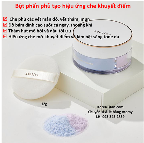 Bột phấn phủ 2 màu xanh/tím với khả năng bám dính cao và tạo lớp trang điểm bóng mờ và hoàn thiện nhung mờ - Atomy Adelica Loose Setting Powder - 아델리카 루스 세팅 파우더 - Аделика Рассыпчатая пудра для лица