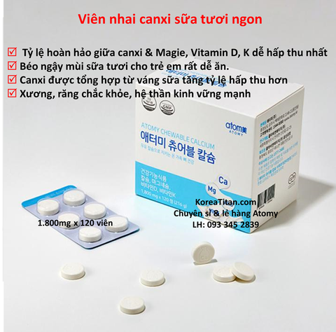 Viên nhai Canxi hàm lượng cao béo ngậy và đậm đặc vị sữa cân bằng Magie cùng Vitamin D, K tăng tỷ lệ hấp thu Canxi vào xương ở mức tối đa (1.800mg x 120 viên) - Atomy chewable calcium - 애터미 츄어블칼슘 - Атоми жевательный кальций