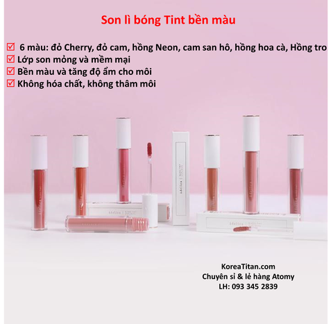 Son nước có độ dưỡng ẩm và bám dính cao  với màu sắc tự nhiên sống động cùng độ bóng lấp lánh nổi bậc giữa đám đông - Atomy Adelica Gloss Tint - 아델리카 글로스 틴트 - Тинт для губ Atomy Adelica Gloss