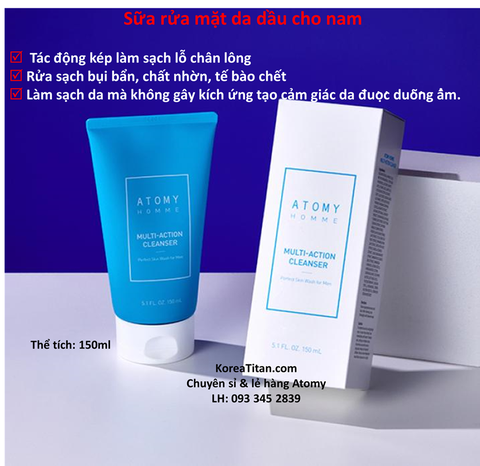 Sữa rửa mặt ngừa mụn, sạch bã nhờn và cấp ẩm dành cho nam - Atomy Homme Multi-action Cleanser 150 ml - 애터미 옴므 멀티액션 클렌저 - Атоми очищение для мужчин