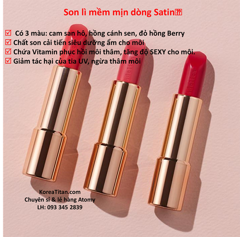 Son lì dòng Satin 3 tone màu,  tăng cường dưỡng ẩm cao cùng độ bóng vừa phải tăng sự ngọt ngào quý phái - Atomy Adelica Lip Rouge Satin  - 아델리카 립루즈 새틴  - Аделика Липружа Сатин 