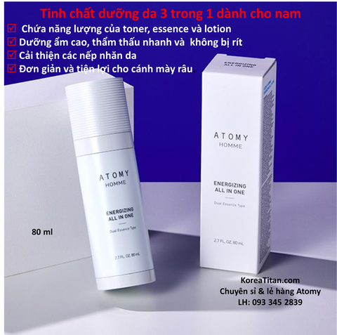 Tinh chất dưỡng da tất cả trong 1 dành cho nam giúp làm trắng và cải thiện nếp nhăn da dạng serum cô đặc có 2 màu trắng và xanh dương,   - Atomy Homme Energizing All In One 80ml - 애터미 옴므 에너자이징 올인원 - Атоми Суперэнергия и Увлажнение для мужчин