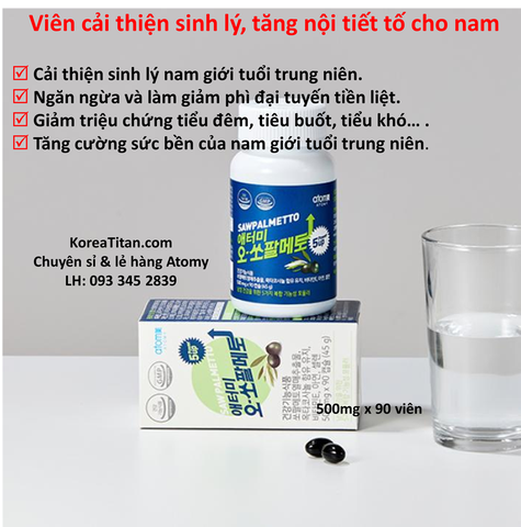  Viên uống tăng cường sinh lực, cải thiện nội tiết tố cho nam, chứa octacosanol tăng sức bền, cải thiện tuyến tiền liệt, tiểu đêm, tiểu khó (500mg x 90 viên) - Atomy Saw Palmetto - 애터미 쏘팔메토 - Атоми Со Пальметто