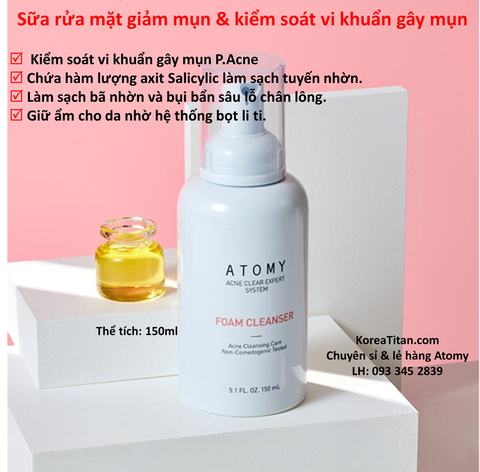 Sữa rửa mặt diệt khuẩn gây mụn, làm sạch tuyến nhờn, ngăn mụn tái phát - Atomy Acne Clear Expert System Foam Cleanser 150ml - 애터미 아크네 클리어 폼클렌저 - Атоми Акне Эксперт Пенка для Умывания