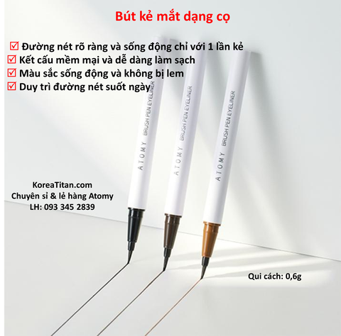 Bút kẻ mắt (3 tông màu) tạo đôi mắt trong veo, to và bừng sáng, không vón cục, không lem và không nhoè, rất dễ sử dụng và dễ dàng rửa lại với nước hoặc tẩy trang - Atomy Brush Pen Eyeliner - 애터미 붓펜 아이라이너 - Атоми Подводка-фломастер