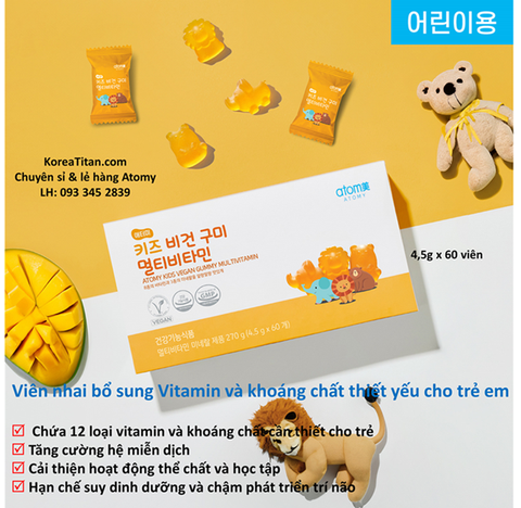 Kẹo dẻo chứa 11 loại Vitamin và khoáng chất thiết yếu dành cho trẻ em khoẻ mạnh, chống oxy hoá, khoẻ mắt, xương… (4,5g x  60 viên) - Atomy Kids Vegan Gummy Multivitamin  -애터미 키즈 비건 구미 멀티비타민 - Atomy Kids Веганские мультивитамины Gummi