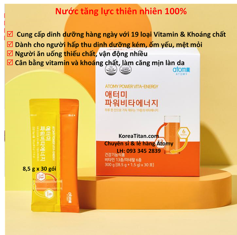 Gói dinh dưỡng  tăng lực chứa 19 loại vitamin và khoáng chất thiết yếu đáp ứng 100% nhu cầu hằng ngày cho hoạt động lao động thể thao học tập khoẻ mạnh và tràn đầy năng lượng như nước uống tăng lực (10g x 30 gói) - atomy power vita-energy - 애터미 파워비타에너지 - Атоми Пауэр Вита Энерджи