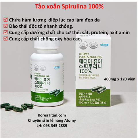 Tảo xoắn Spirulina 100%, chứa hàm lượng diệp lục cao, chất chống oxy hoá bảo vệ tế bào cực cao,  cùng nhiều khoáng chất thiết yếu bồi bổ sức khoẻ và làm đẹp da (400mg x 120 viên) - Atomy Pure Spirulina 100% - 애터미 순수 스피루리나 100% - Атоми Спирулина