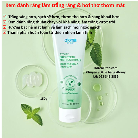 Kem đánh răng chuyên làm trắng răng, ngừa tạo vôi răng từ nguyên liệu thuần chay cùng hương bạc hà siêu mát lạnh - Atomy Brighteeth Mint Toothpaste 150g  -애터미 브라이티스 민트향 치약 150g - Атоми Освежающая паста с мятой
